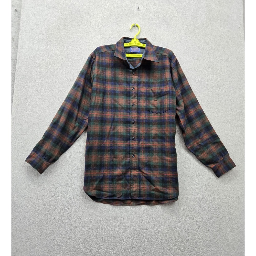 VINTAGE Pendleton Men Button Up Shirt L Green Plaid Flannel Wool Made USA READ